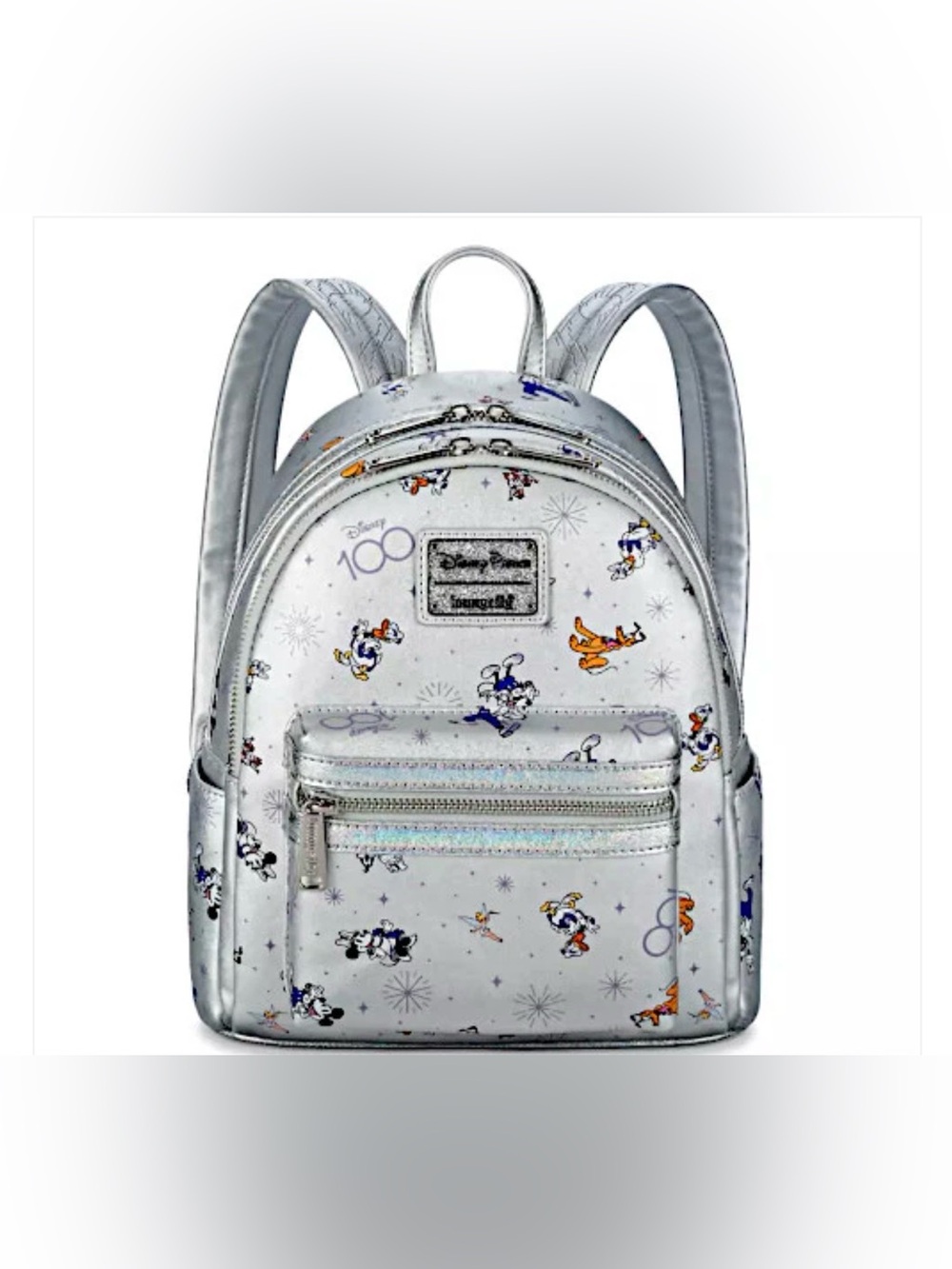 Disney Silver 100th Anniversary Mini Backpack with Multicolor Character Print